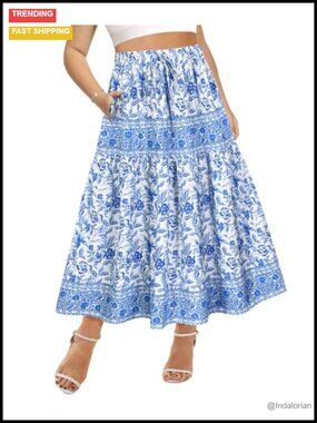 Plus Size Maxi Skirt High Waist Boho A-Line Pleated Long Skirt with Pockets